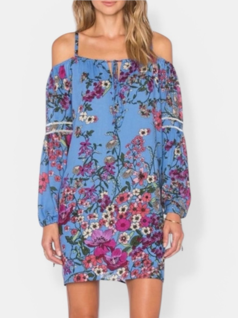 WAYF BLUE FLORAL BOHO DRESS OFF THE SHOULDER MINI PEASANT FESTIVAL DRESS large
